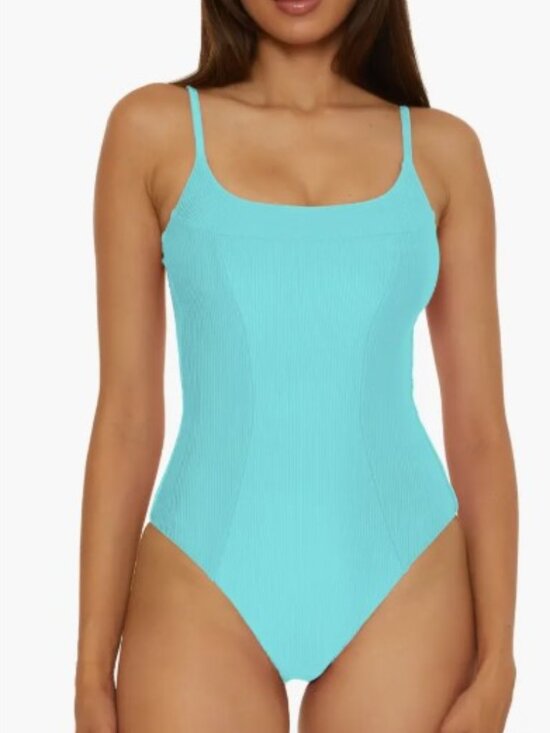Becca Monte Carlo Belted Rib One Piece Swimsuit Bright Oasis Blue Small - Picture 3 of 16